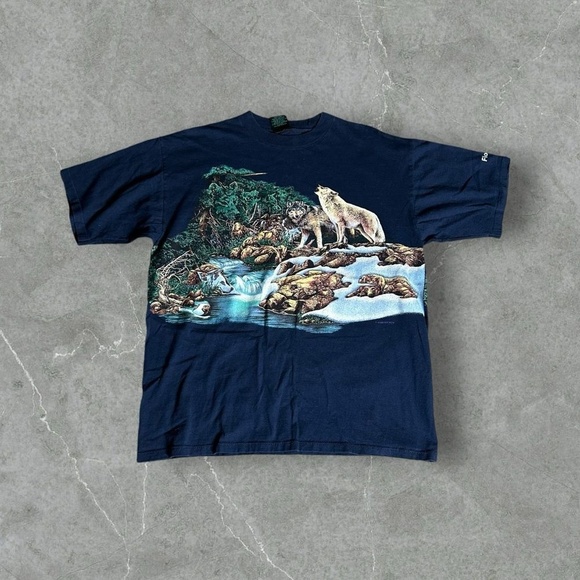Vintage 90s Alaska Nature AOP Single Stitch Tee XL Blue Bear Scene